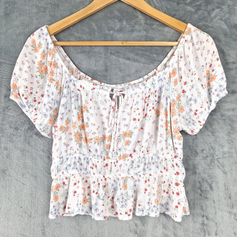 Womens‎ Top Small Romantic Floral Milkmaid Gauzy Coquette Girly Smocked Cropped